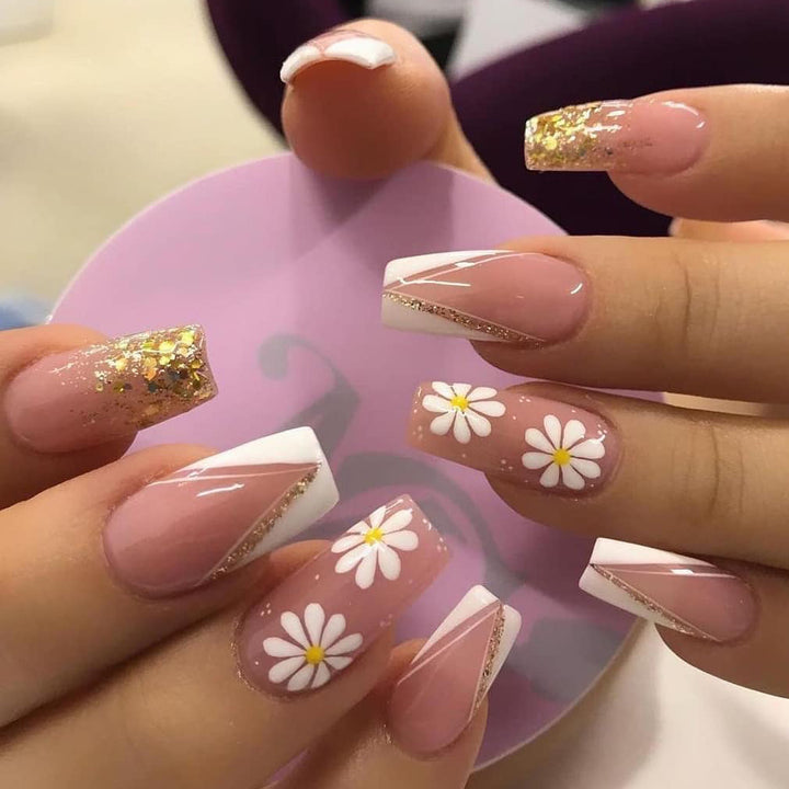 French Tip Press-On Nails with Gold Floral Accents