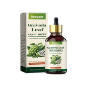 Product shot showing Googeer Graviola Leaf Liquid Drops bottle next to branded packaging box on white background