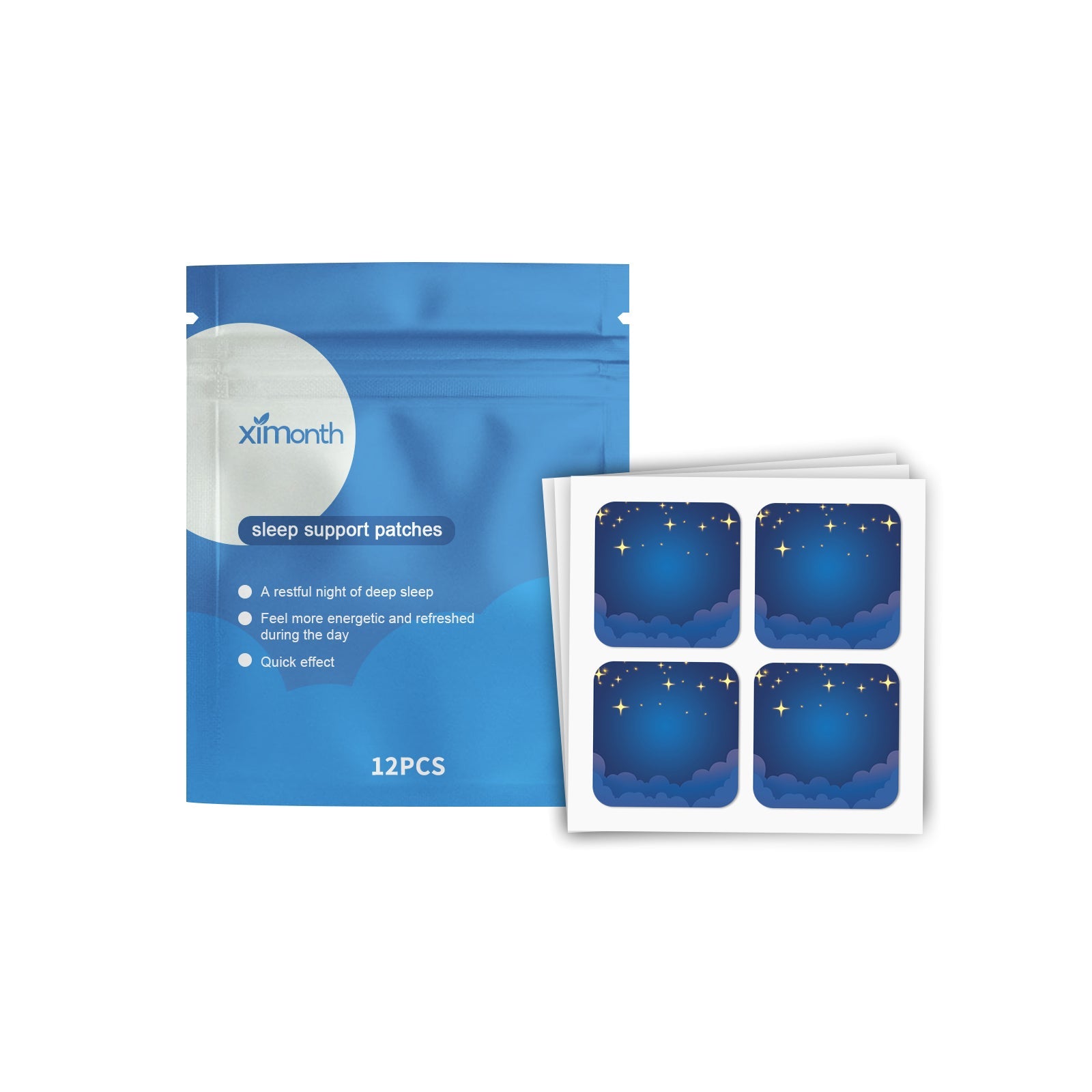 Ximonth Sleep Support Patches packaging with blue sachet and 12-piece patch sheet showing starry night design