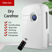 Chen Jun Dry Carefree dehumidifier with feature checklist and remote control displayed