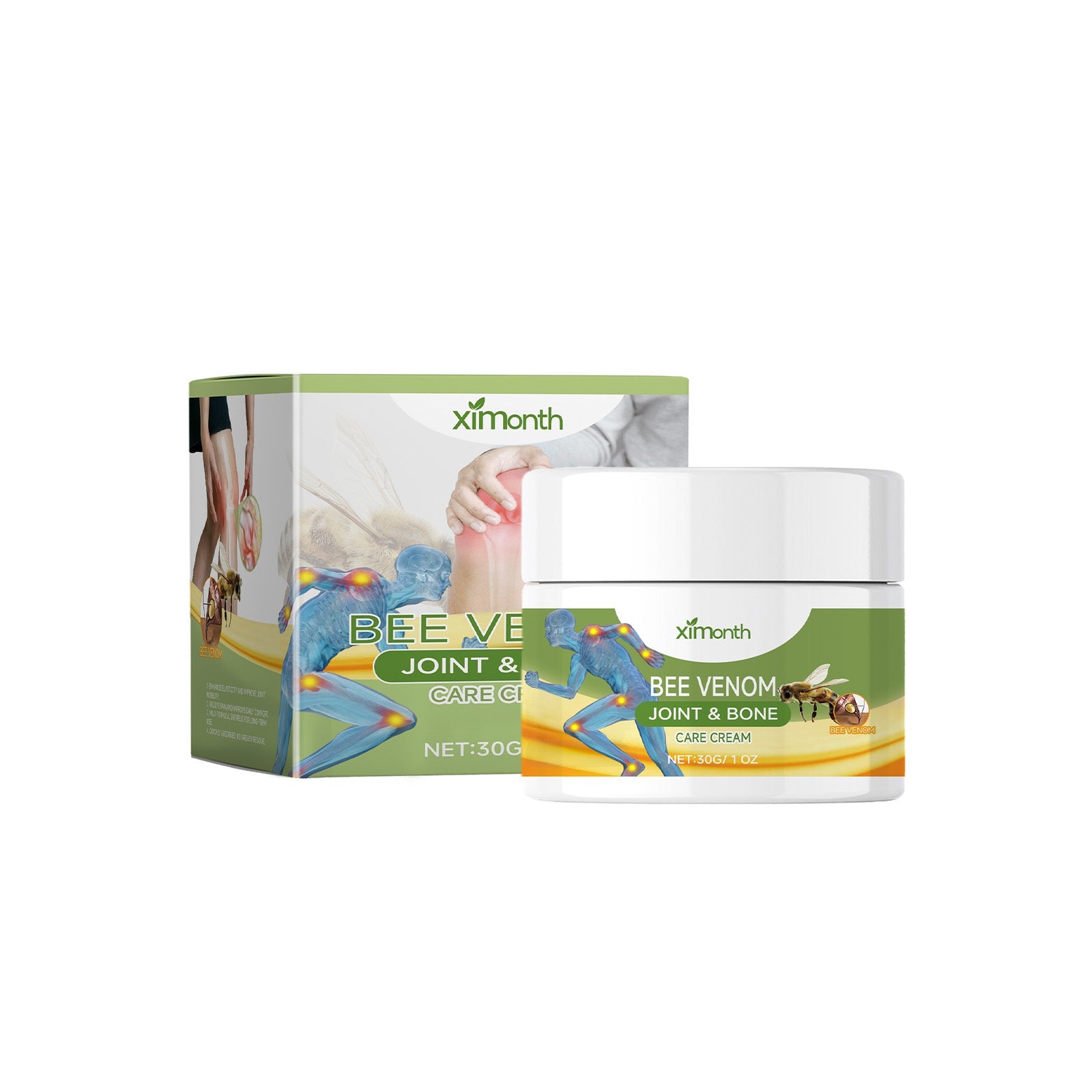 Product display showing Ximonth Bee Venom Joint & Bone Care Cream jar with green packaging box