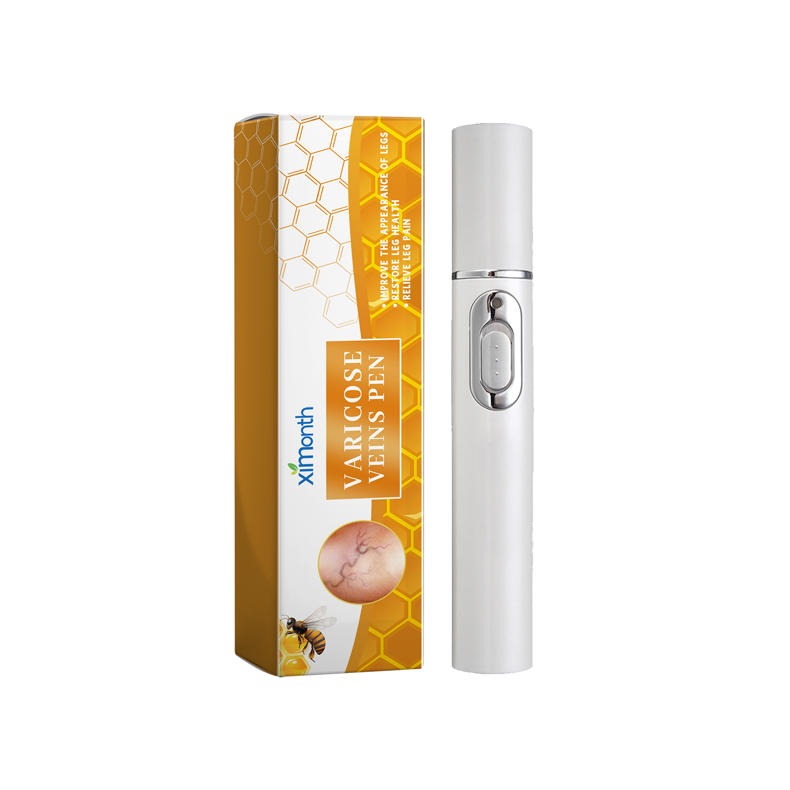 Product displayed with honeycomb-patterned gold and white packaging box featuring Ximorih branding, logo, and bee imagery, alongside white cylindrical pen with silver roller applicator