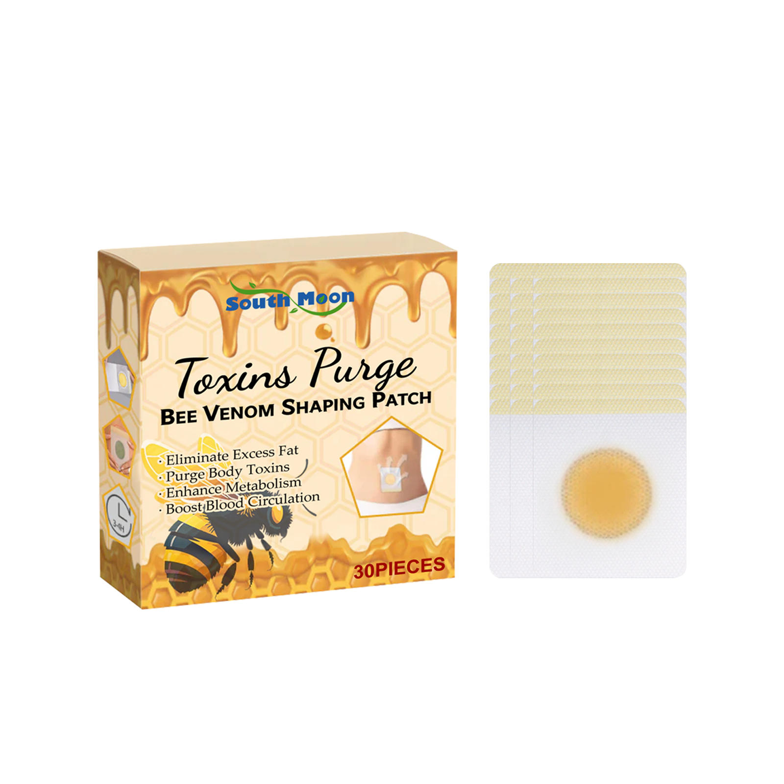 South Moon Toxins Purge Bee Venom Shaping Patch box (30 pieces) with individual patch displayed