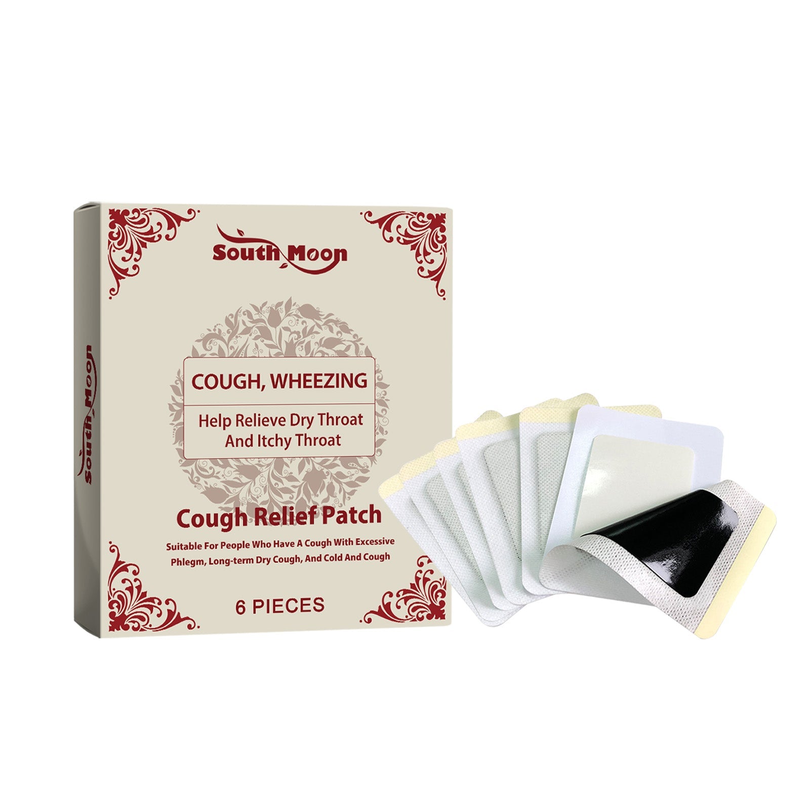 South Moon Cough Relief Patch box with 6 individual patch sachets fanned out, showing white nonwoven fabric with black medicated centers