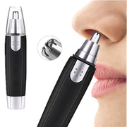 Full product display showing black electric nose trimmer with silver accents alongside close-up of safe trimming in nose and detailed blade mechanism
