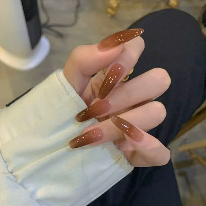 Long Press-On Ballet Nails for Glossy Mocha Style