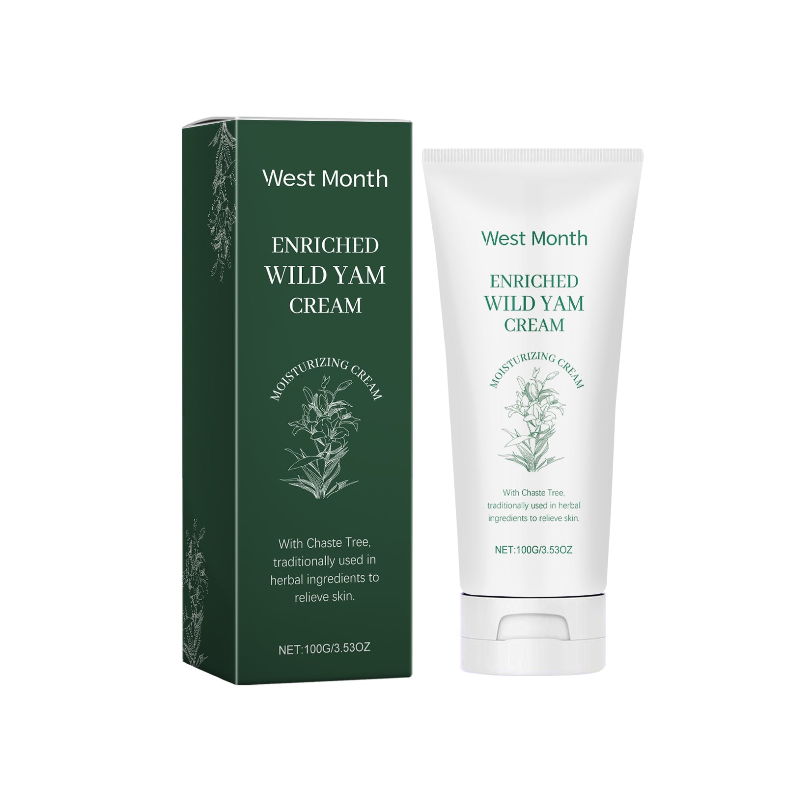 West Month Enriched Wild Yam Cream product shot showing box packaging and tube on white background