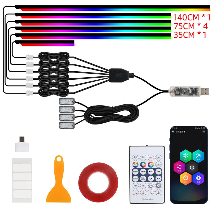 Car LED Strip Lights — Music-Sync Interior RGB, App +