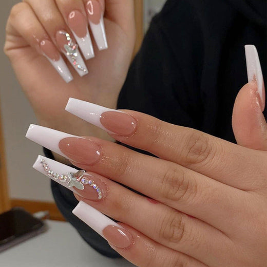 Press-On Nails With Glossy French Crystal Accents