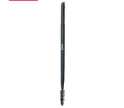 MSQ double-ended eyebrow brush in black standing vertically on white background showing angled brush top and spoolie bottom