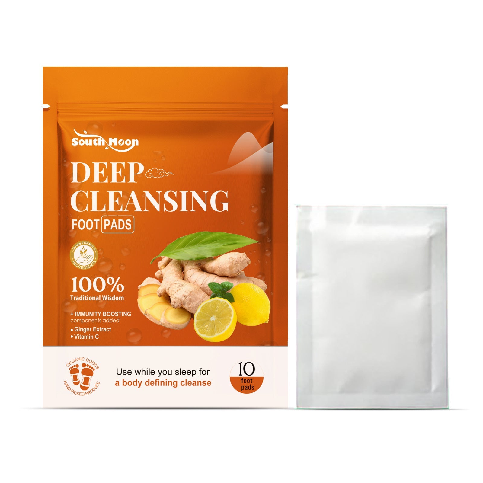 South Moon Deep Cleansing Foot Pads packaging with 10-pack box and individual white gel pad displayed side-by-side