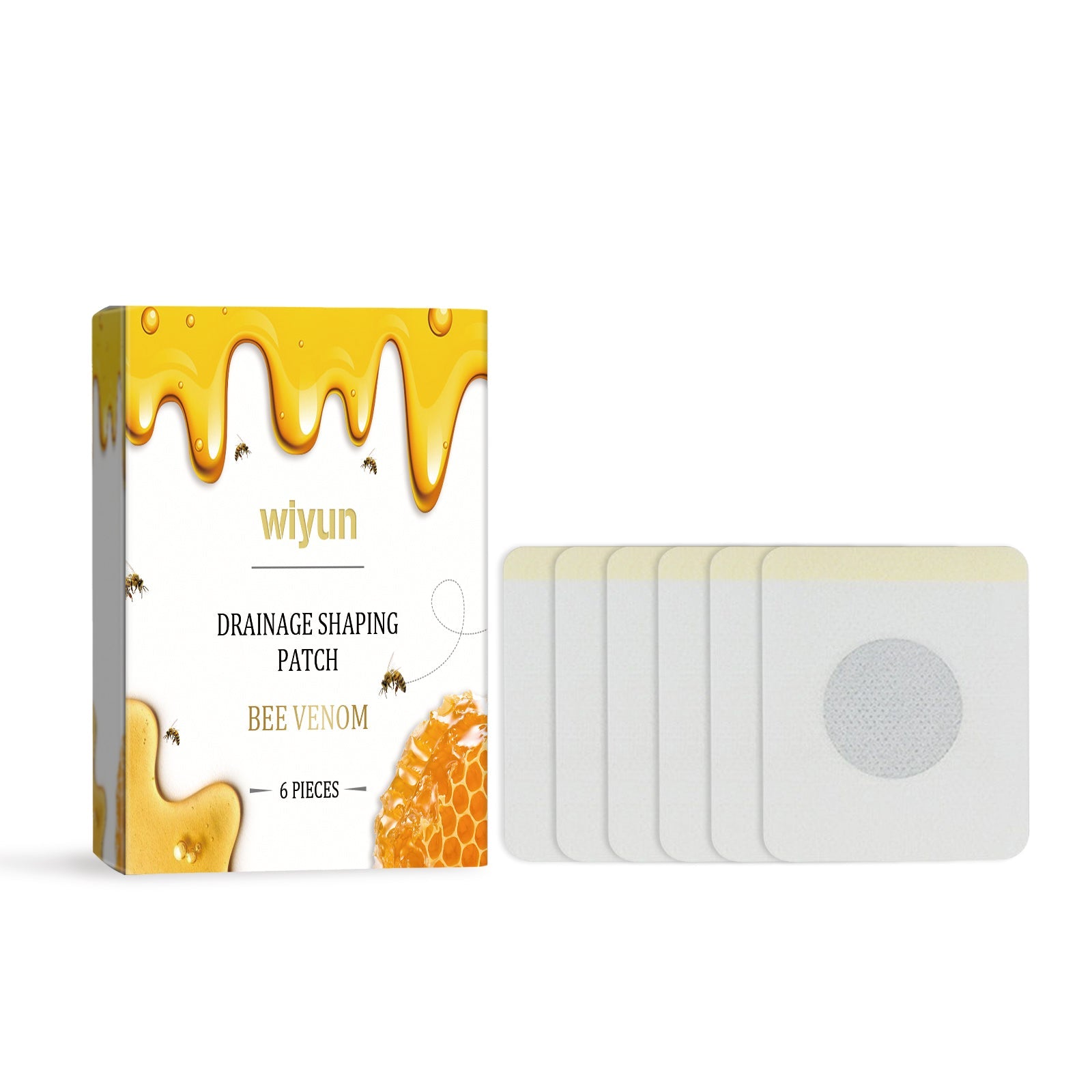 Wiyun Drainage Shaping Patch packaging with bee venom ingredient, 6-piece count, and product patches displayed