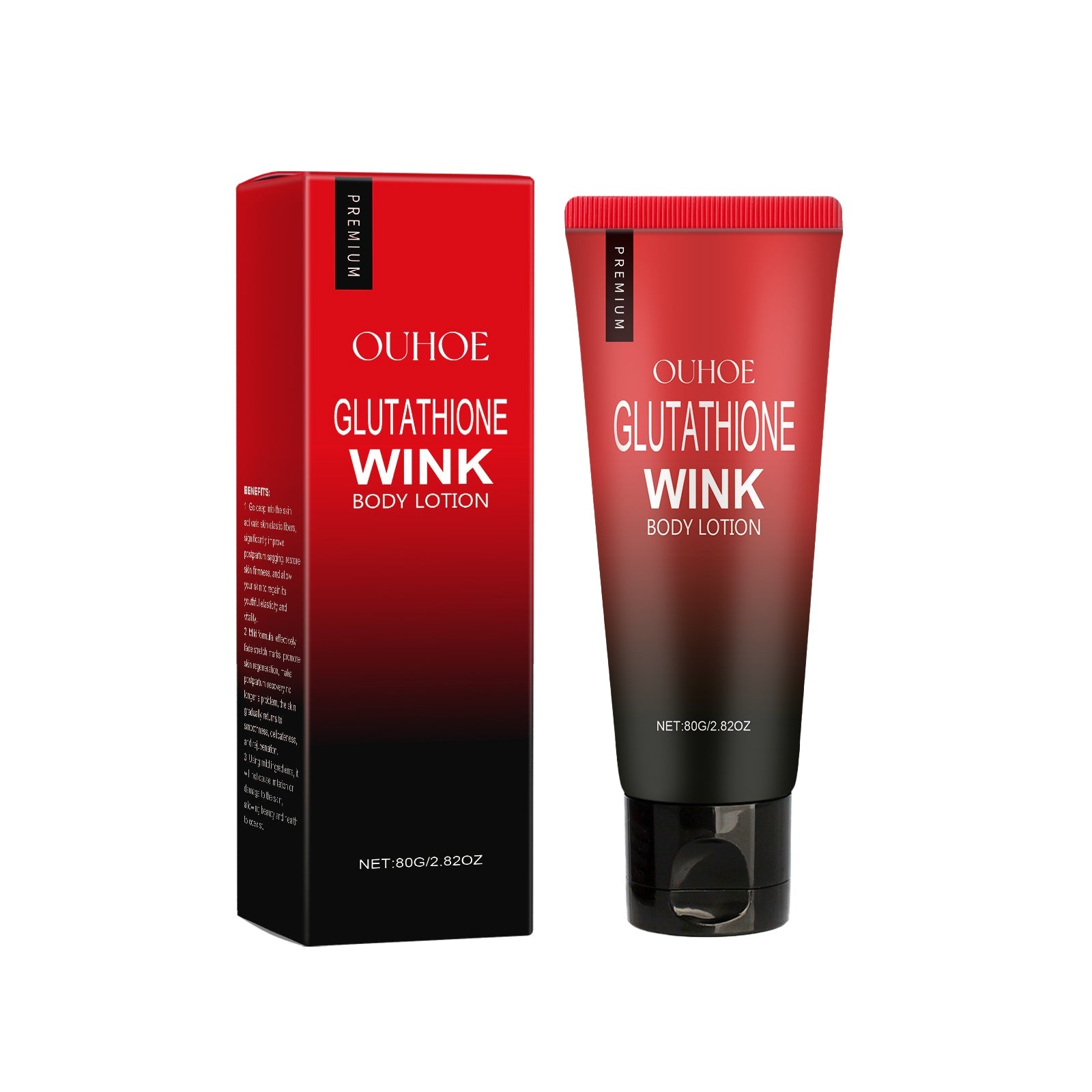 Product packaging and tube - OUHOE Glutathione Wink Body Lotion in red-to-black gradient