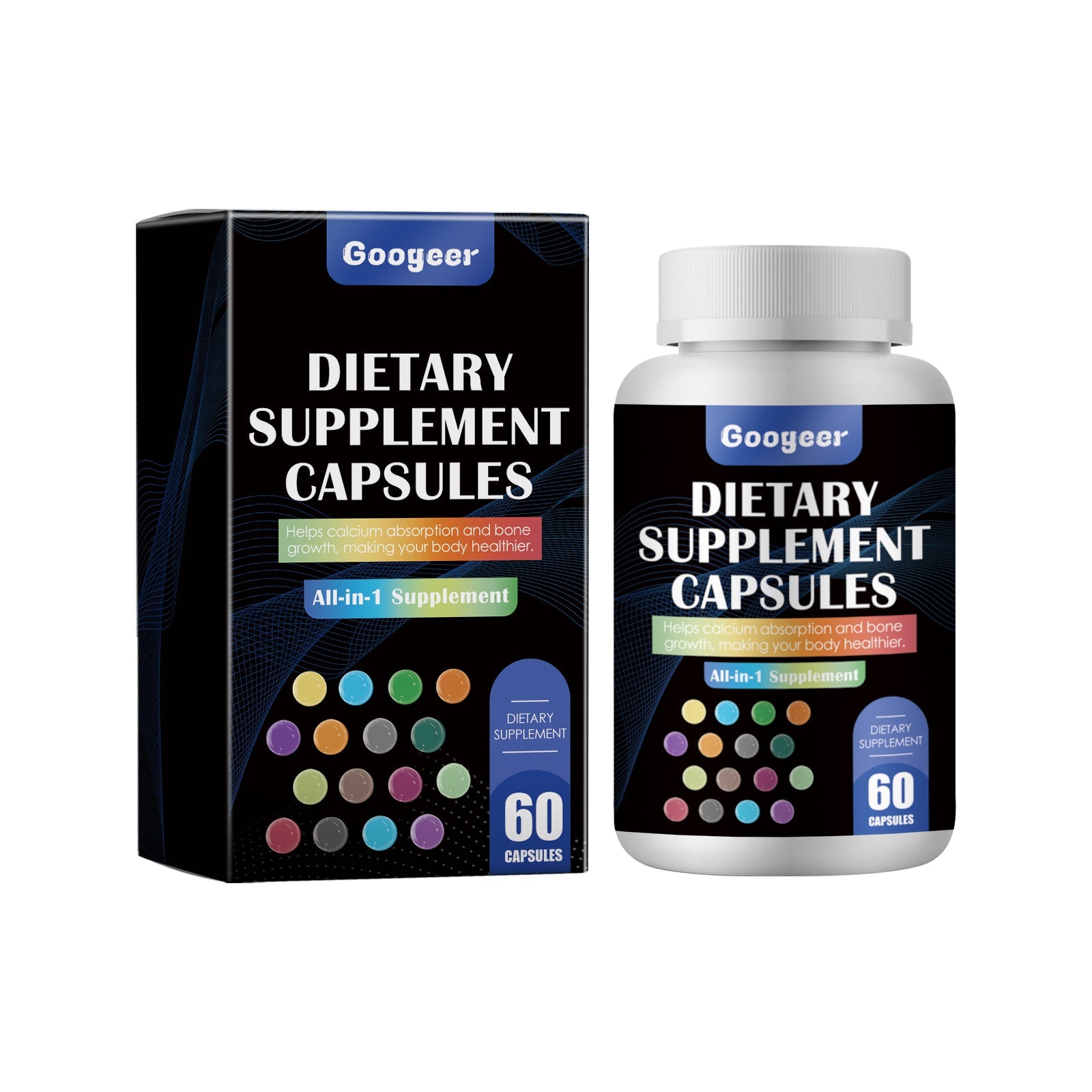 Product display showing Googeer Dietary Supplement Capsules box and white bottle with colorful capsule graphics