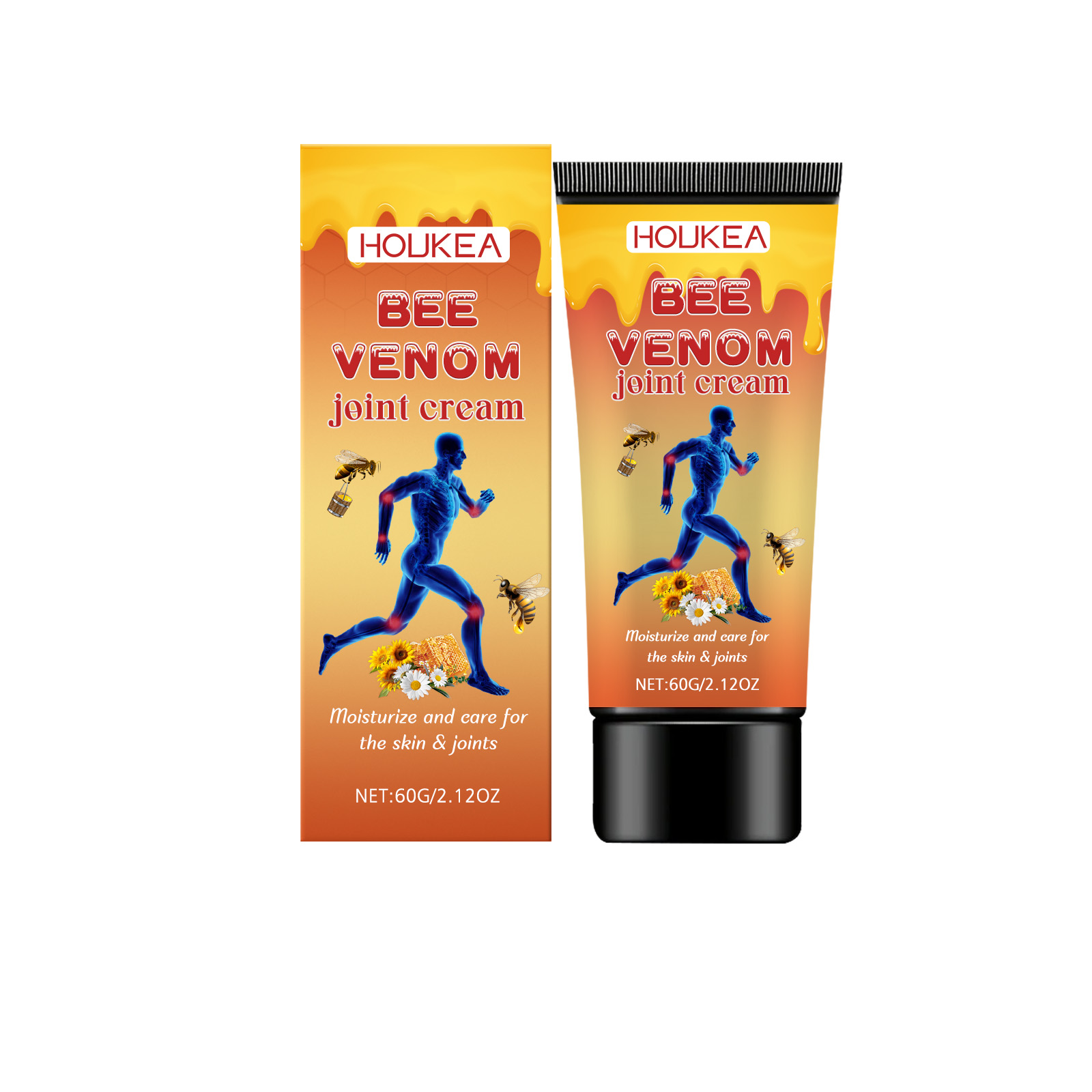 Front-facing product packaging showing both carton and tube of Houkea Bee Venom Joint Cream against white background