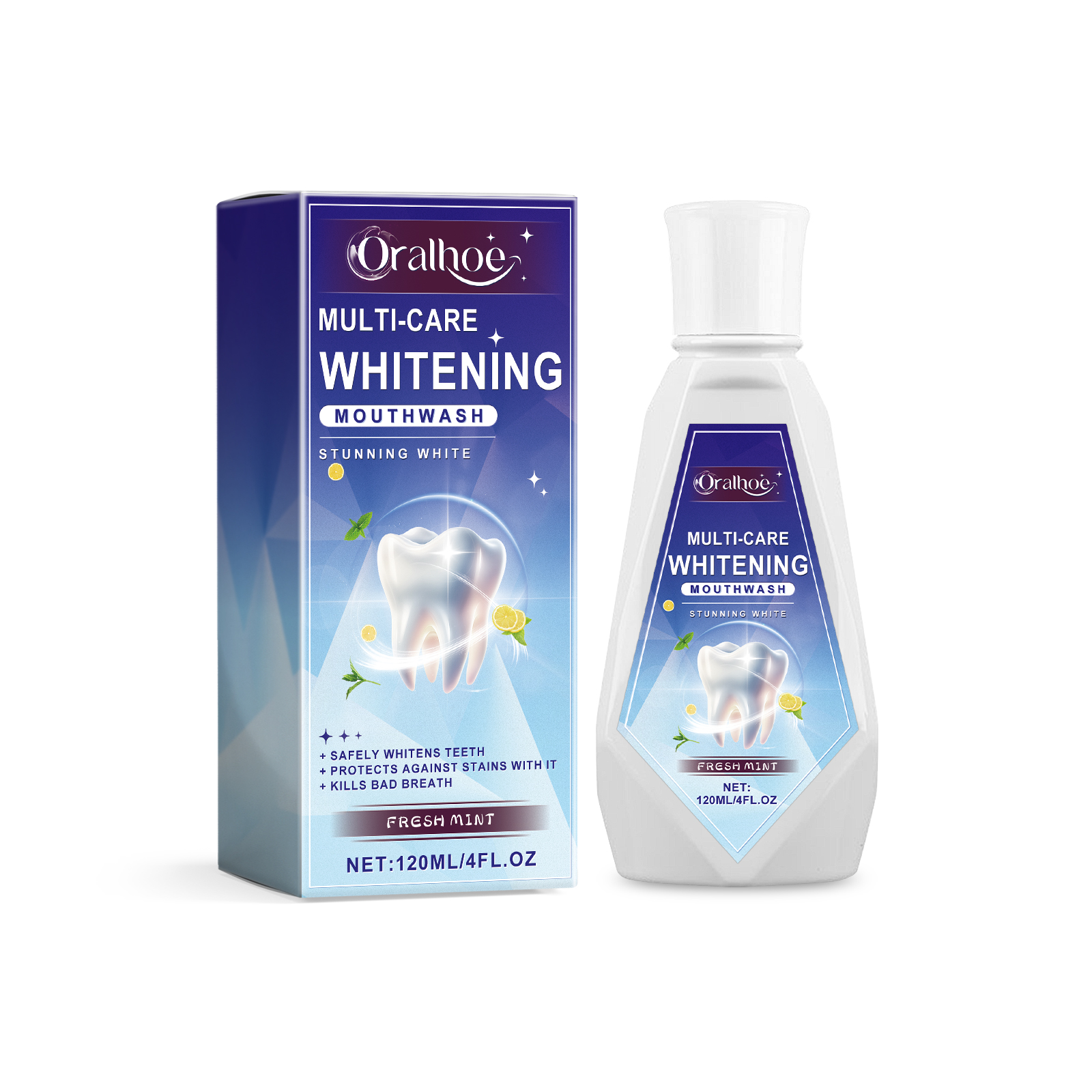 Identical product shot of packaging and bottle on white background