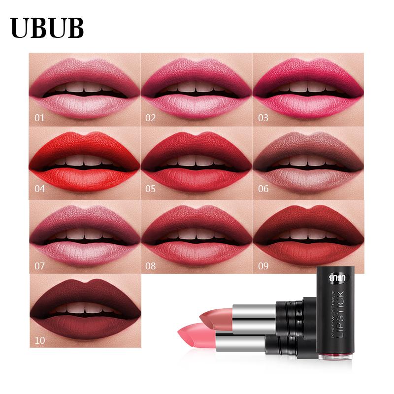 10 lip swatches showcasing UBUB lipstick shades 01-10 with final product trio