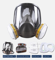 3M 6800 full-face mask with dual yellow filter cartridges, white filter elements, head harness, and complete seven-piece protective kit laid out below
