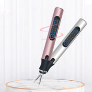 Two color variants (rose gold and silver) shown in dynamic angled position with motion lines and working on marble surface
