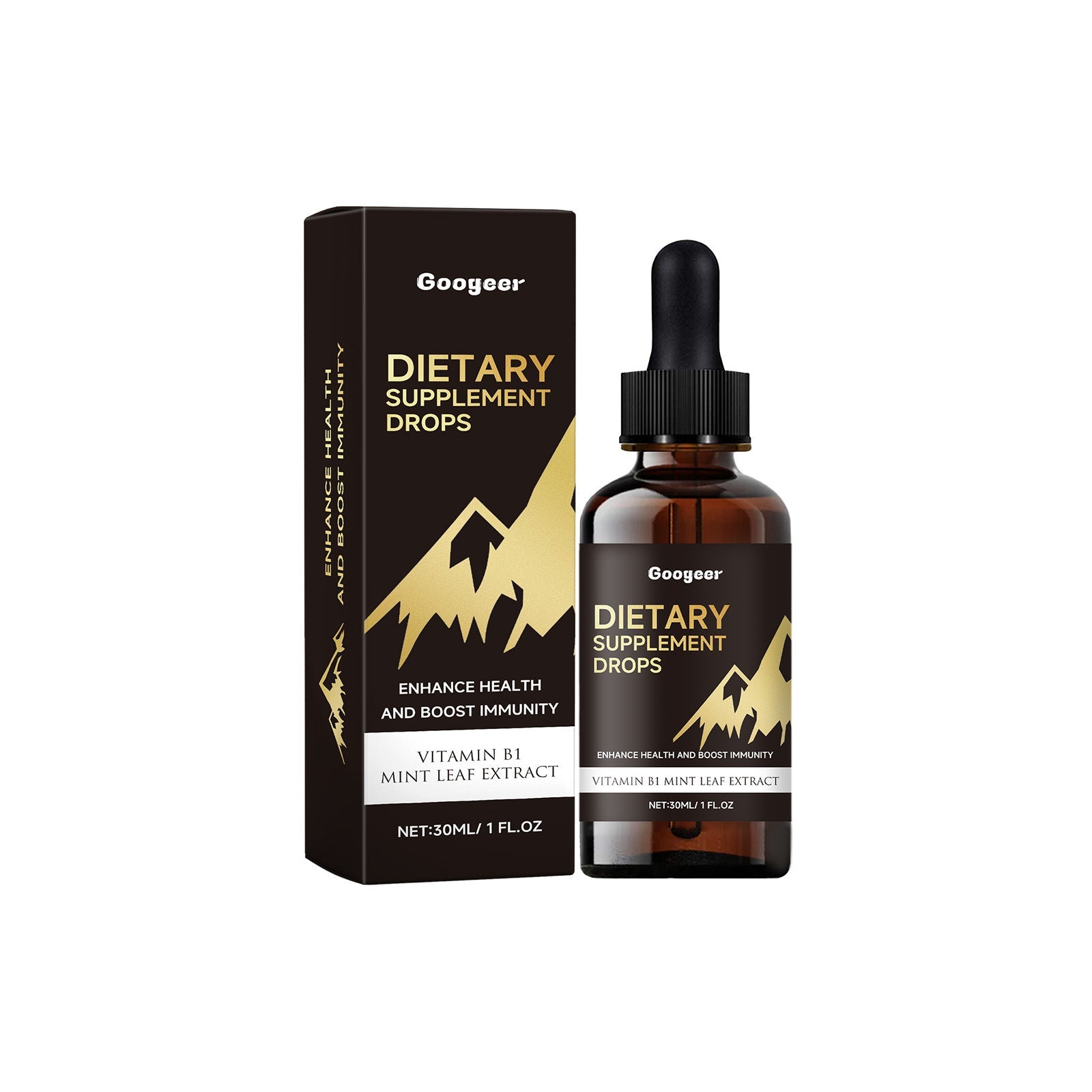 Googeer Dietary Supplement Drops in amber glass bottle with black dropper cap, shown with matching black box packaging featuring gold mountain logo