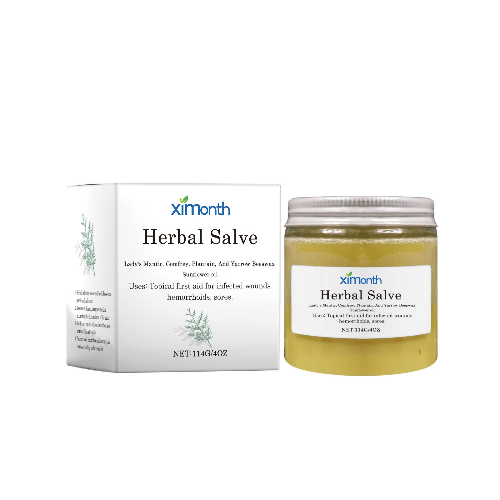 Product packaging and jar of Ximonth Herbal Salve displayed side-by-side showing white box and golden herbal cream in clear glass container