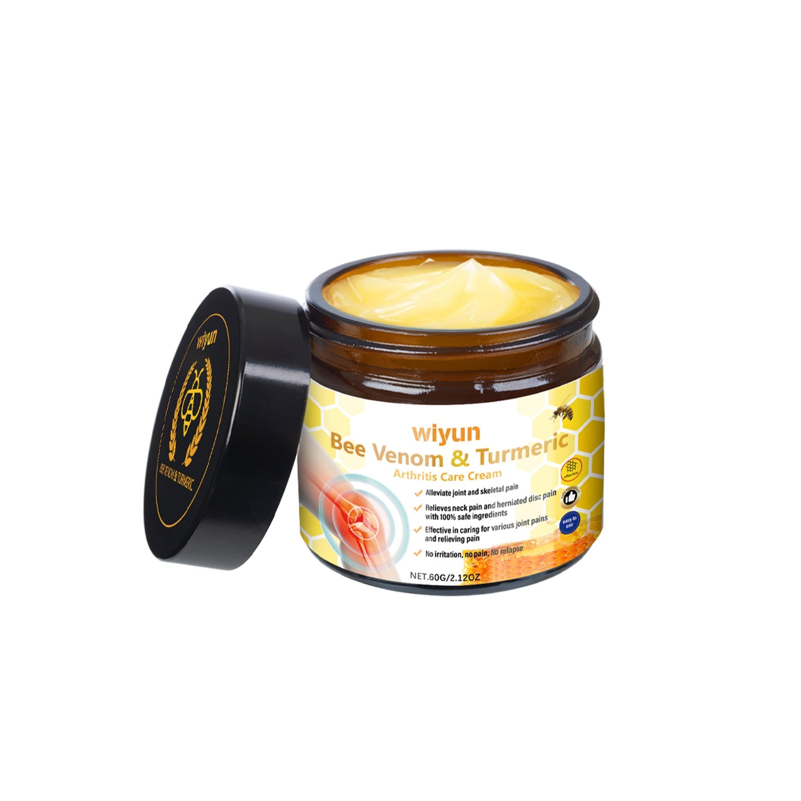 Wiyun Bee Venom & Turmeric Arthritis Care Cream jar displayed with lid removed showing creamy texture
