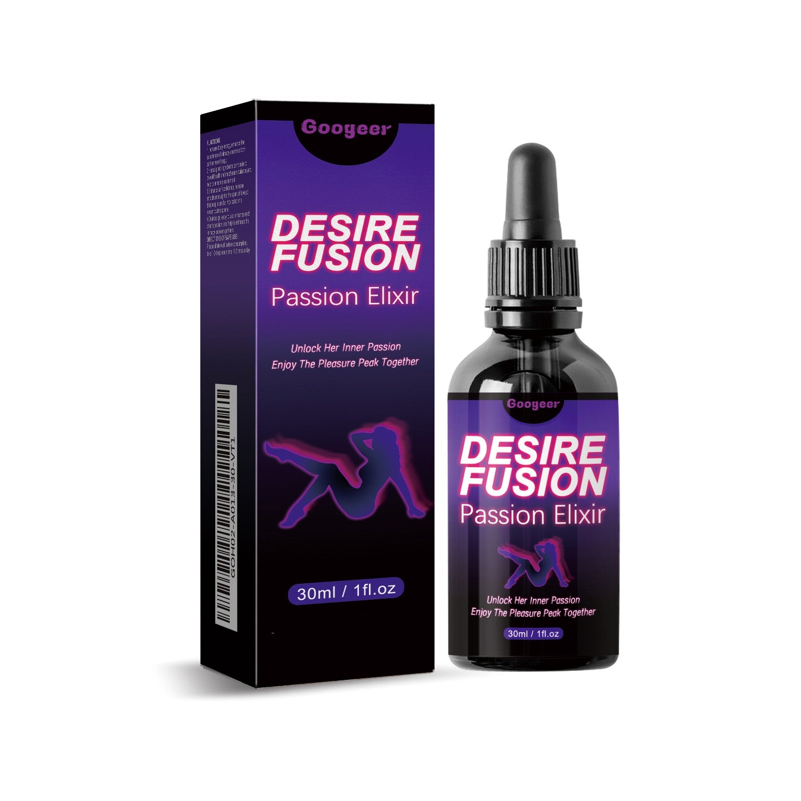 Product shot showing purple box and dark glass dropper bottle with Desire Fusion Passion Elixir branding on white background