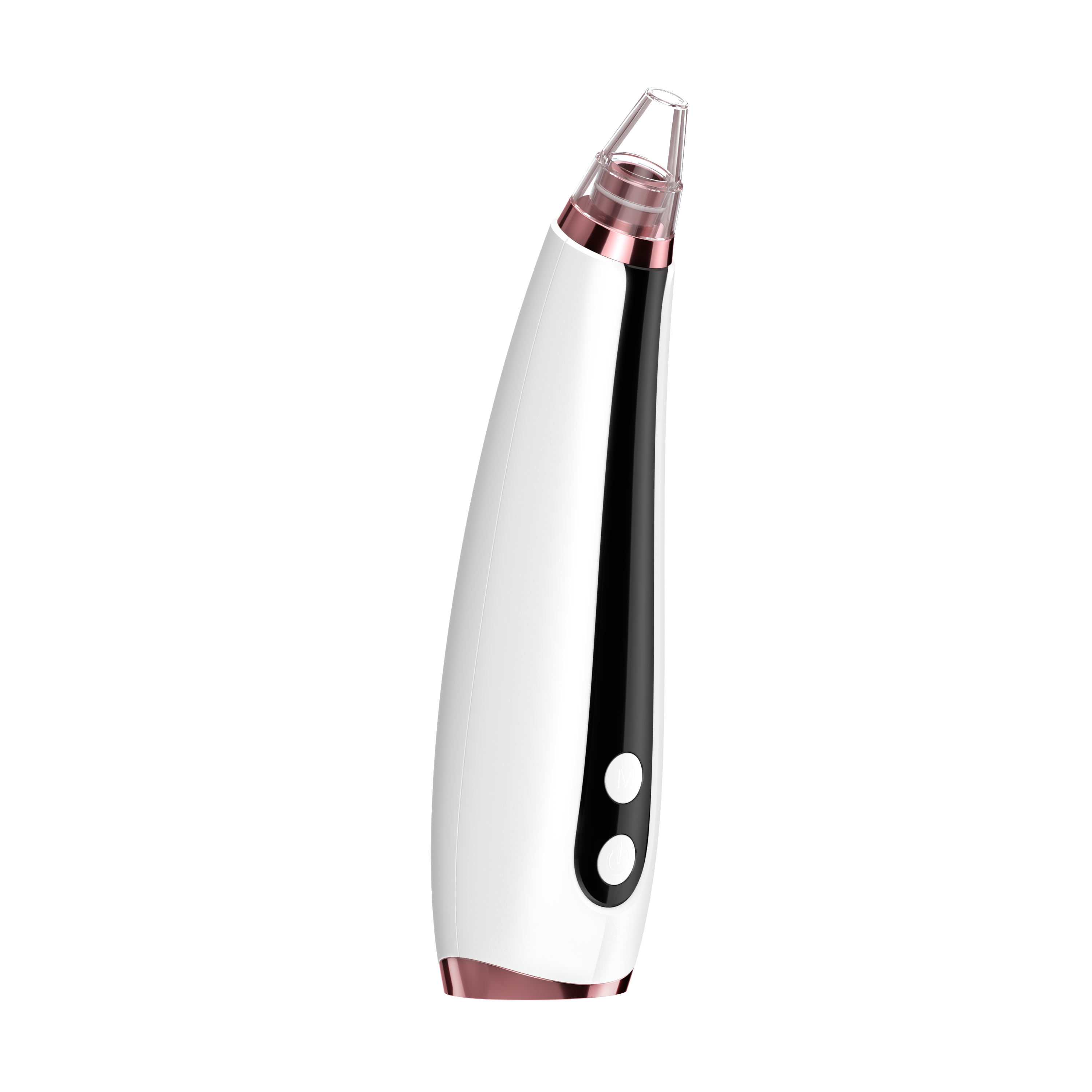 Sleek white and black electronic pore cleaner with rose gold accents and dual control buttons angled view