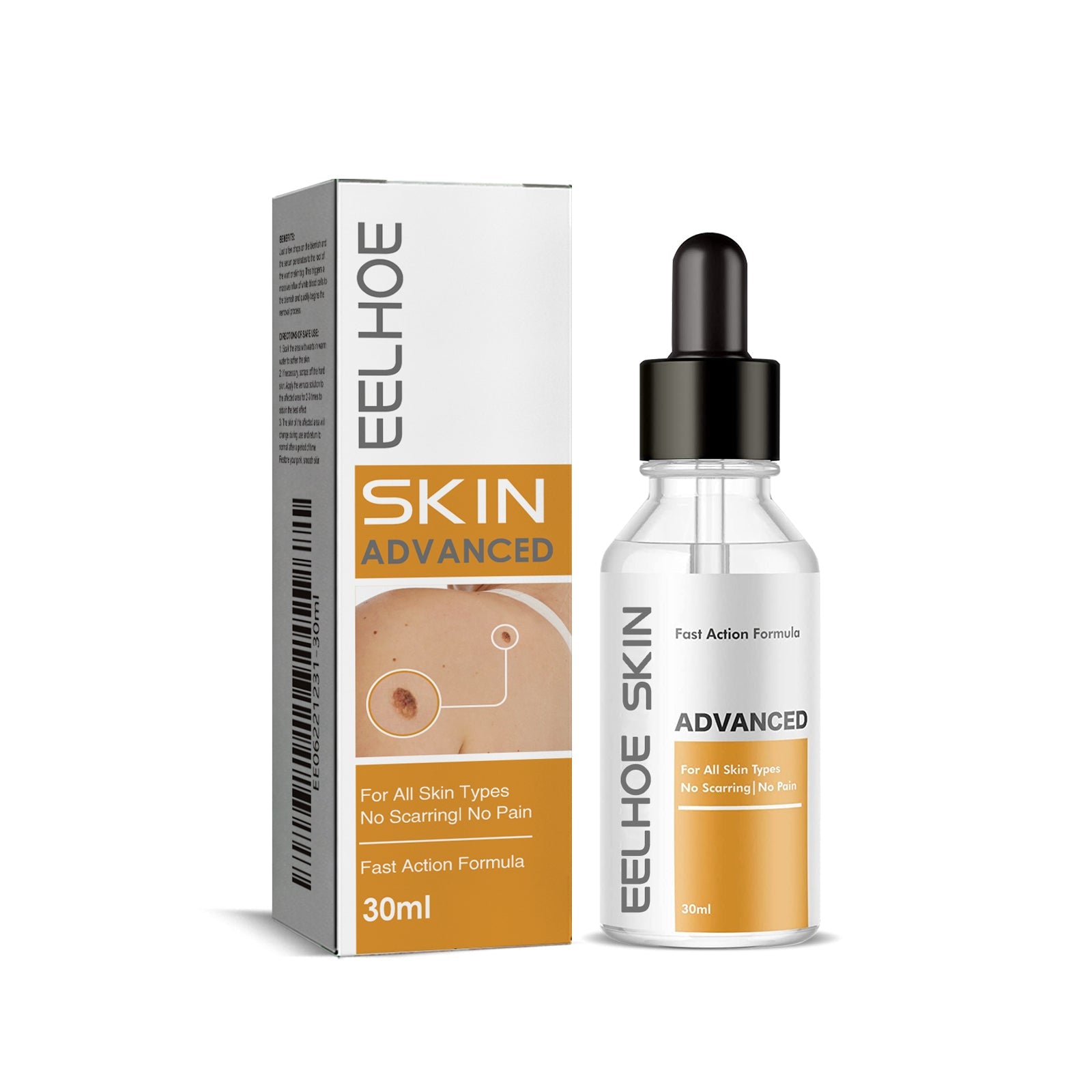 Product shot showing EELHOE Skin Advanced 30ml serum bottle with white and orange packaging box