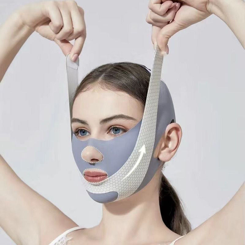 Woman wearing V-face lifting mask, demonstrating full facial coverage and lifting motion