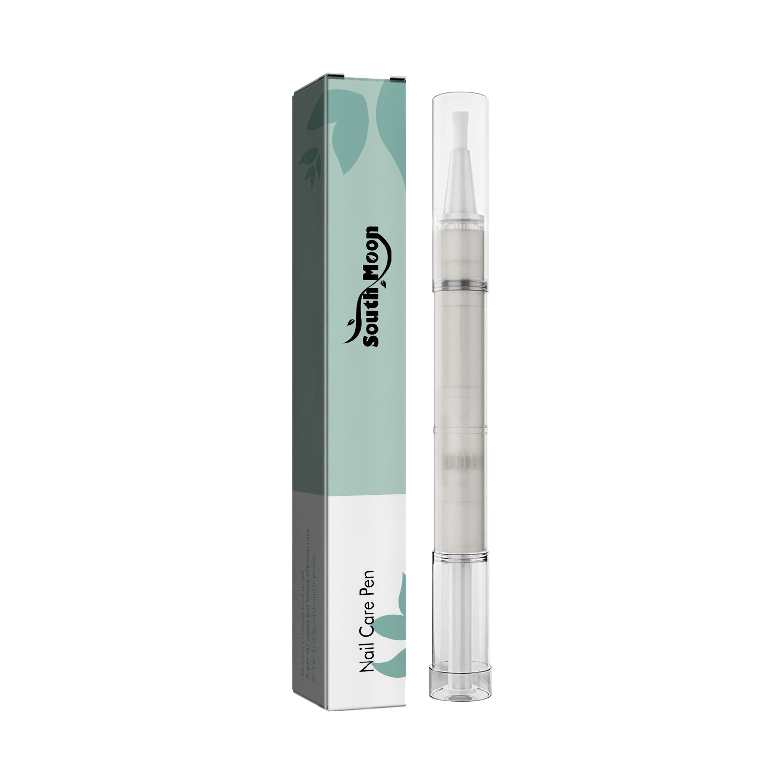 South Moon Nail Care Pen with sage green and white box displayed alongside clear barrel pen applicator