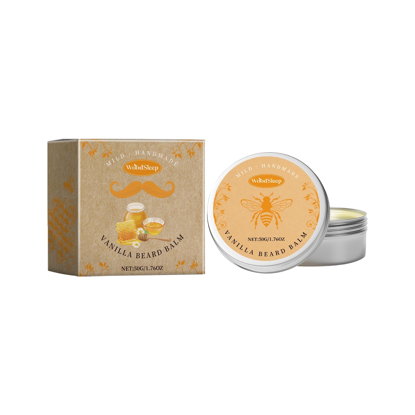 Product packaging and tin of WoodSleep Vanilla Beard Balm showing kraft box with mustache illustration and metal tin container with bee label