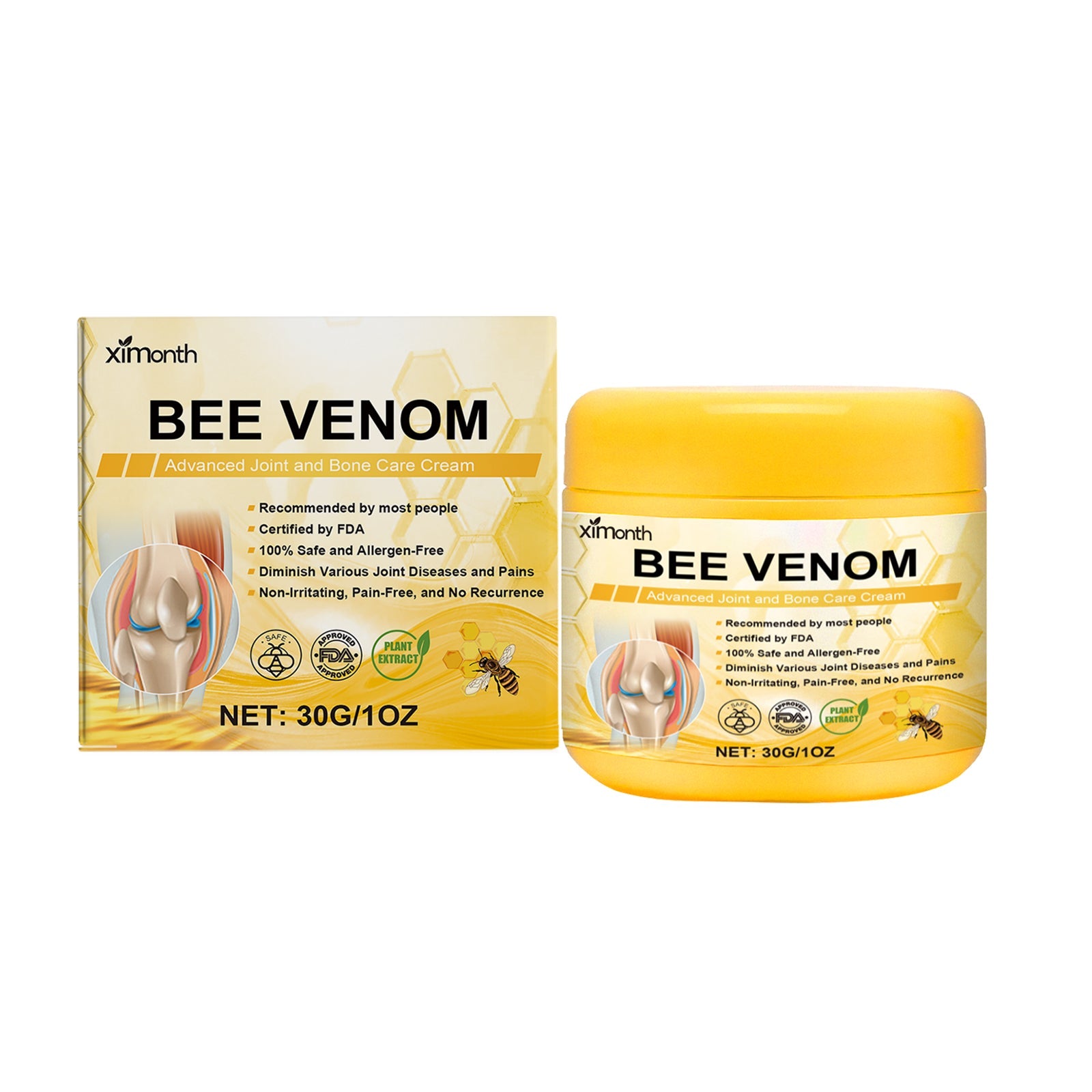 Product packaging and jar displayed together showing Ximonth Bee Venom cream box and finished product container with bright yellow coloring