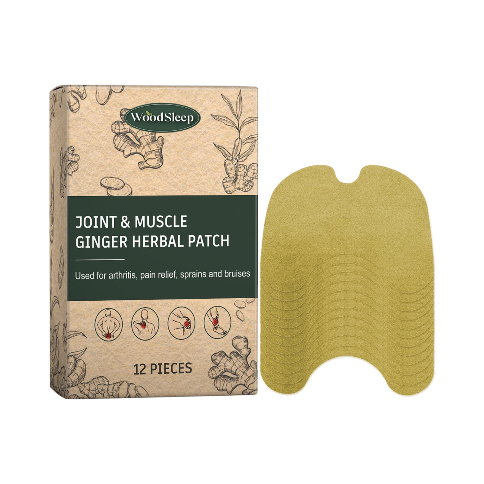 WoodSleep Joint & Muscle Ginger Herbal Patch 12-piece box with single golden-yellow patch displayed