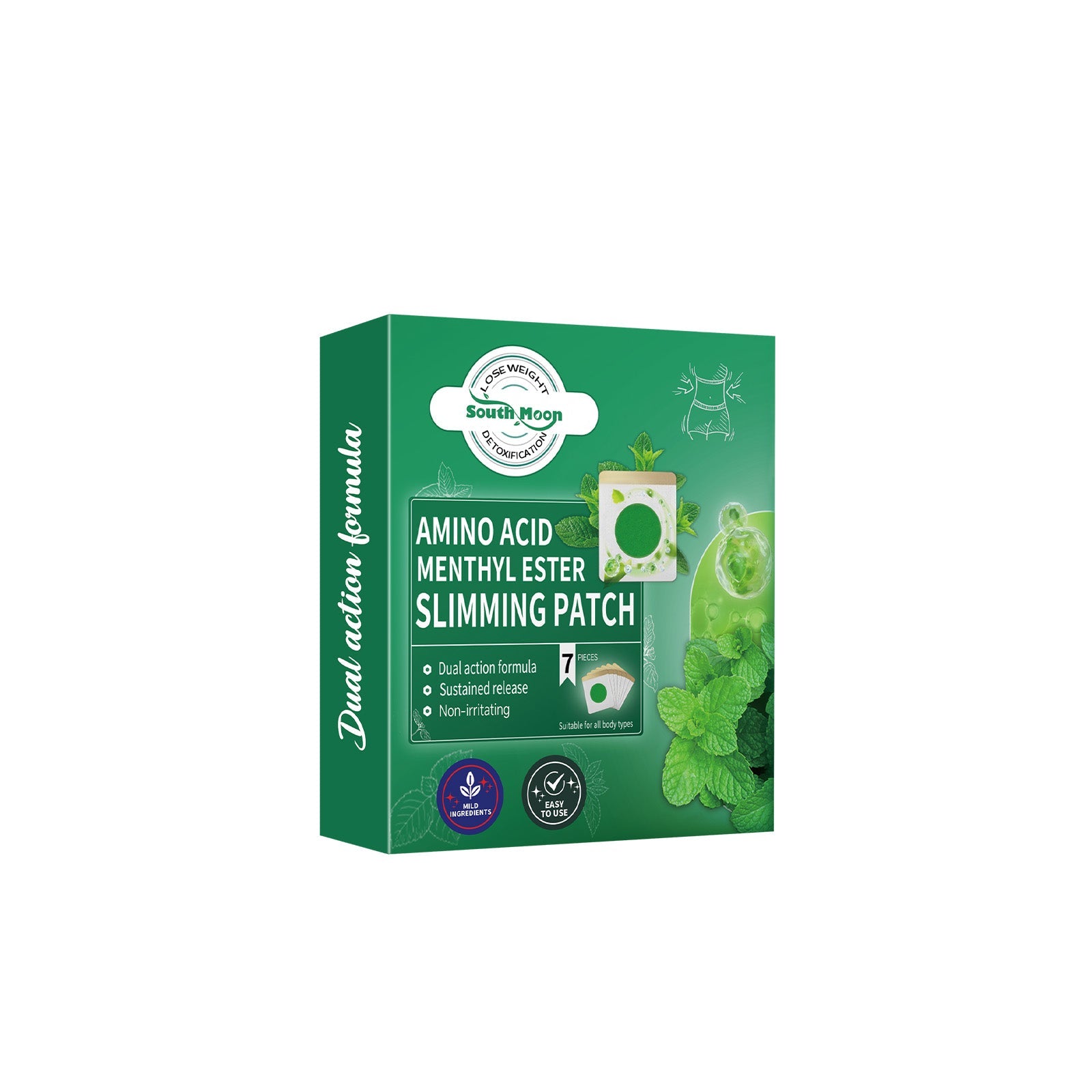 South Moon Amino Acid Menthyl Ester Slimming Patch green box with product icon, ingredient visuals, and certification badges on white background