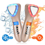 Two dual-mode facial devices showing cold (blue LED, left) and hot (red LED, right) modes with water splash and flame effects to demonstrate thermal technology