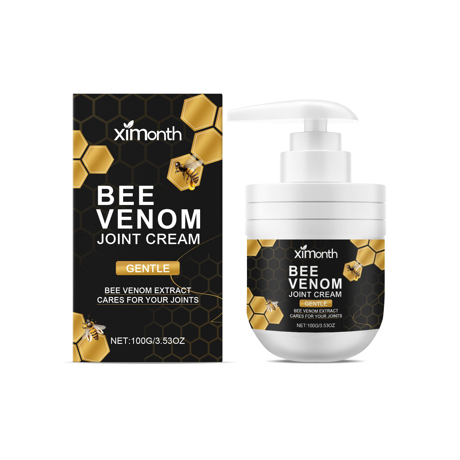 Ximonth Bee Venom Joint Cream with packaging box showing honeycomb pattern, bee graphics, and product in white pump jar