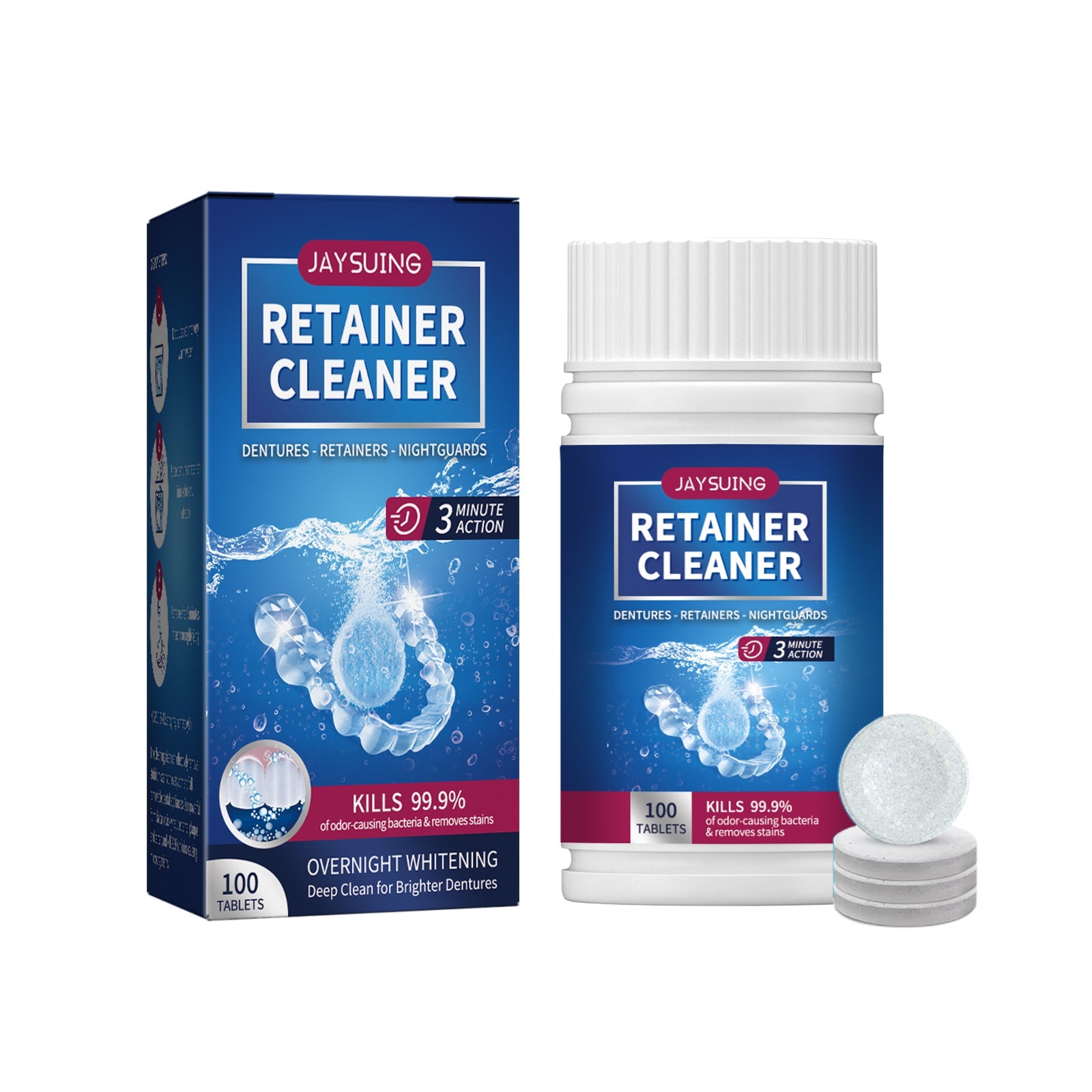 Product packaging and bottle with 100 tablets displayed alongside individual cleaning tablets in container trays