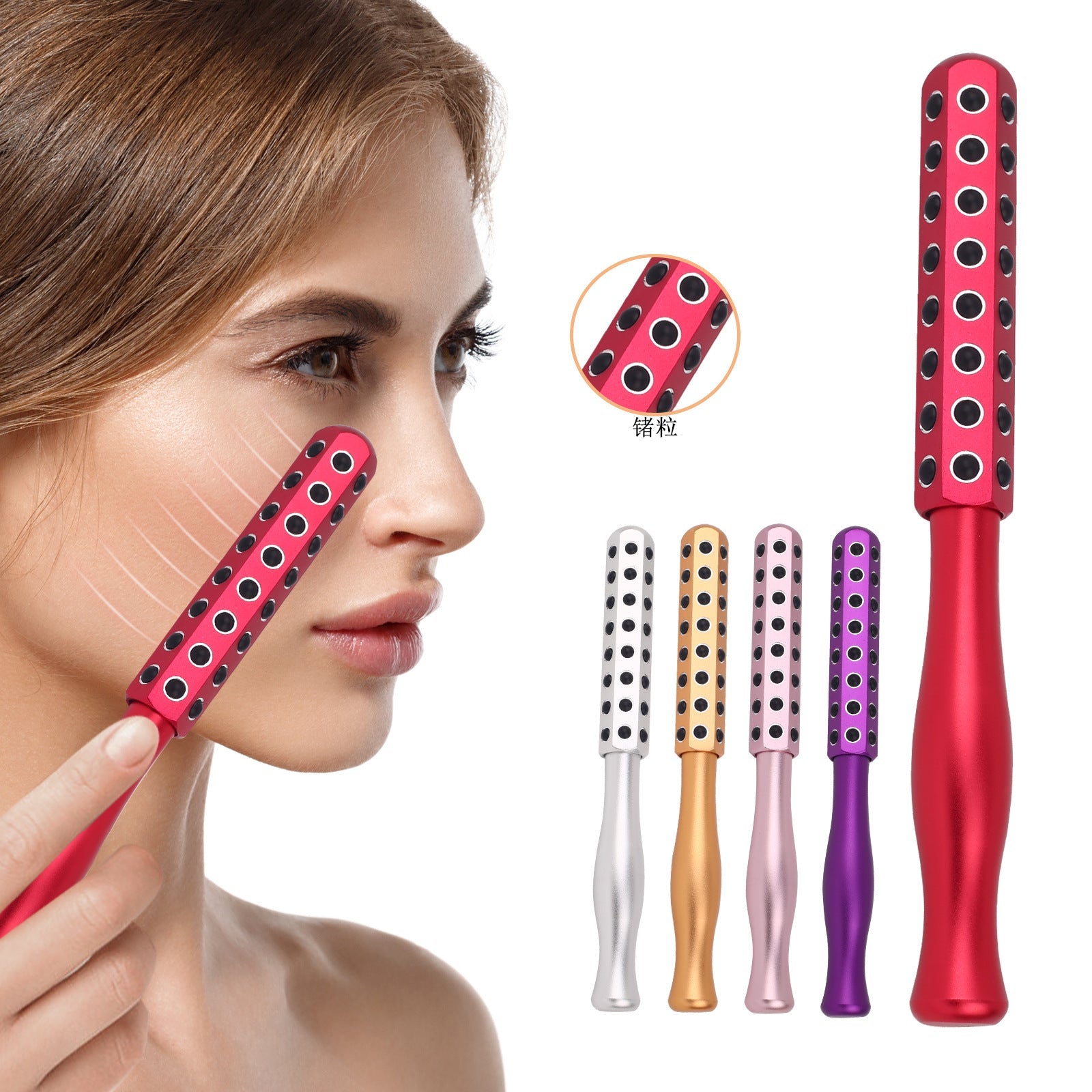 Woman applying red germanium grain massager to cheekbone with visible lifting effect on facial contours