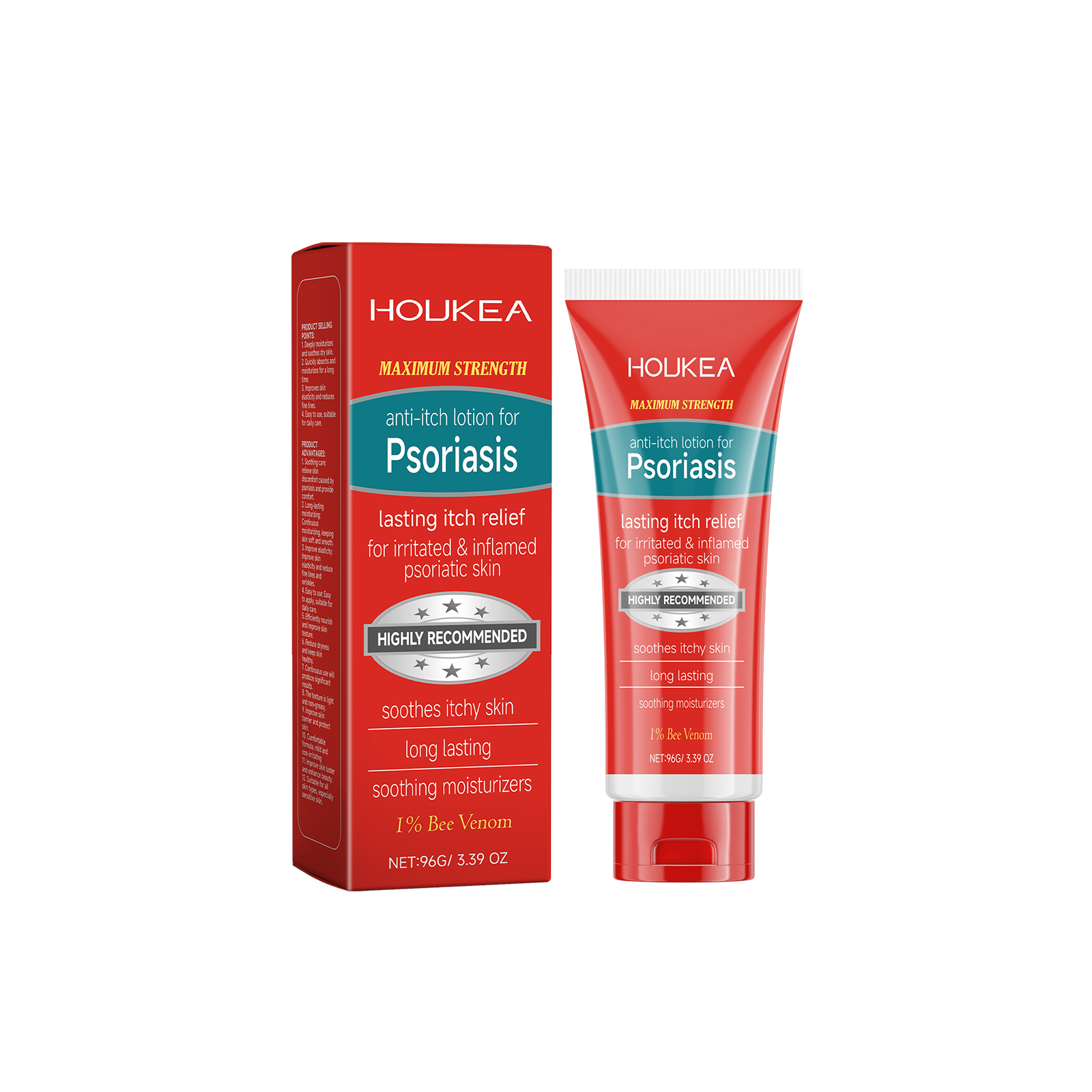 Product shot of Houkea Maximum Strength anti-itch lotion for psoriasis showing red box and cream tube against white background