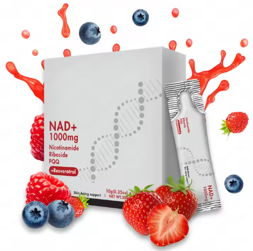 Product box with stick packets surrounded by fresh berries, dynamic red liquid splashes, and ingredient fruits