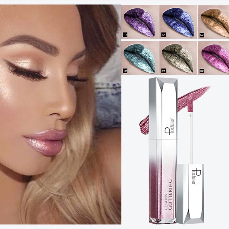 Close-up side profile of woman's lips and eye makeup wearing glossy pink-mauve shimmer gloss
