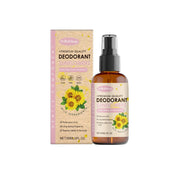 Product shot showing amber glass bottle with black spray pump and kraft cardboard packaging with sunflower imagery on white background