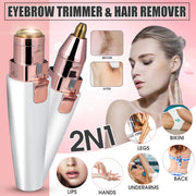 Full product display with title banner showing 2-in-1 eyebrow trimmer and hair remover with two device sizes and multiple usage area callouts