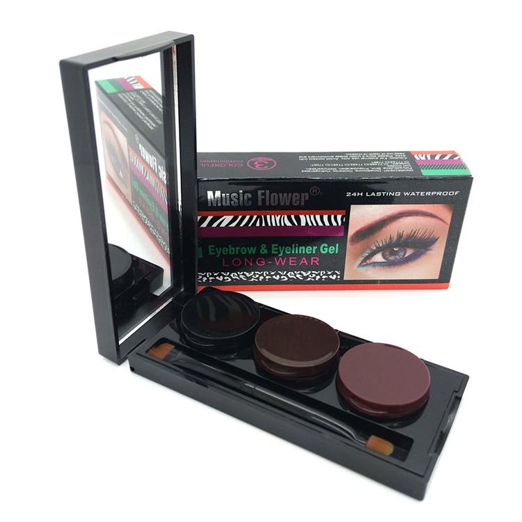 Open palette displaying four coordinated eyebrow and eyeliner gel shades with built-in mirror and dual applicator brushes