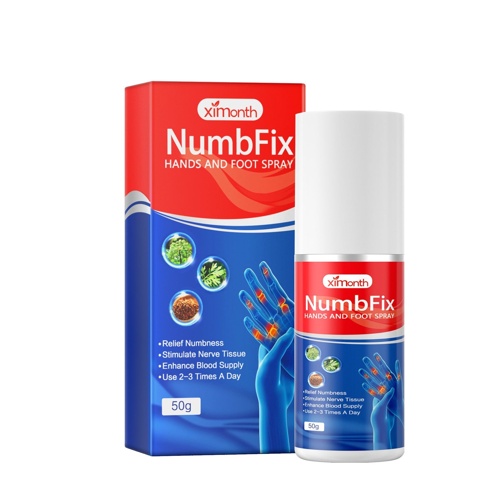 Product packaging and bottle duo shot showing XiMonth NumbFix 50g hands and foot spray with red and blue gradient design and white pump applicator