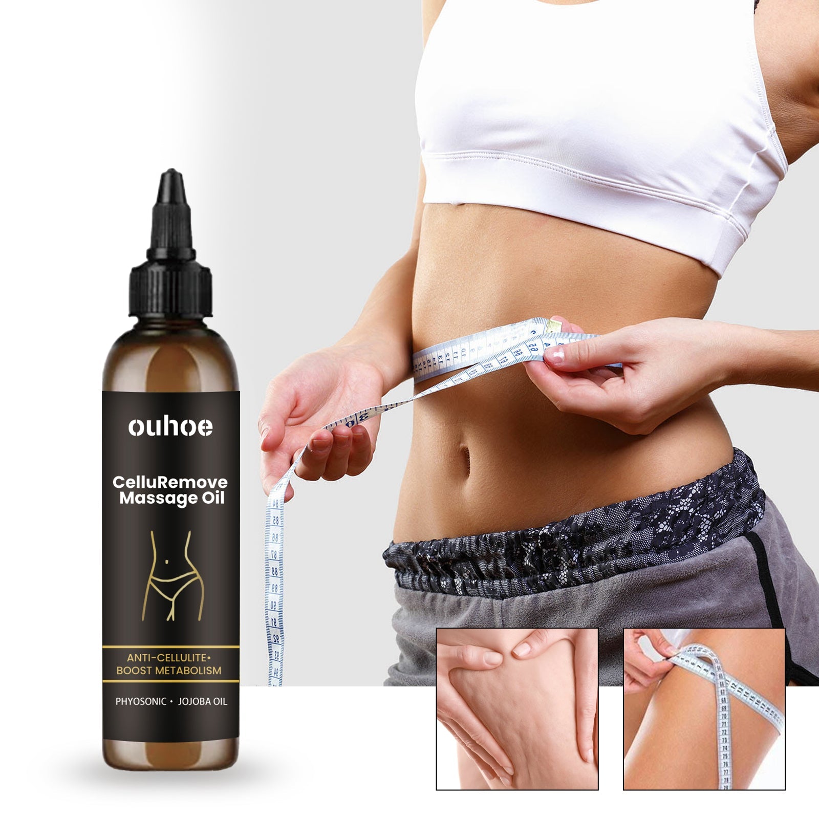 Woman measuring waist with measuring tape while holding ouhoe bottle, showing toned midsection and product in lifestyle context