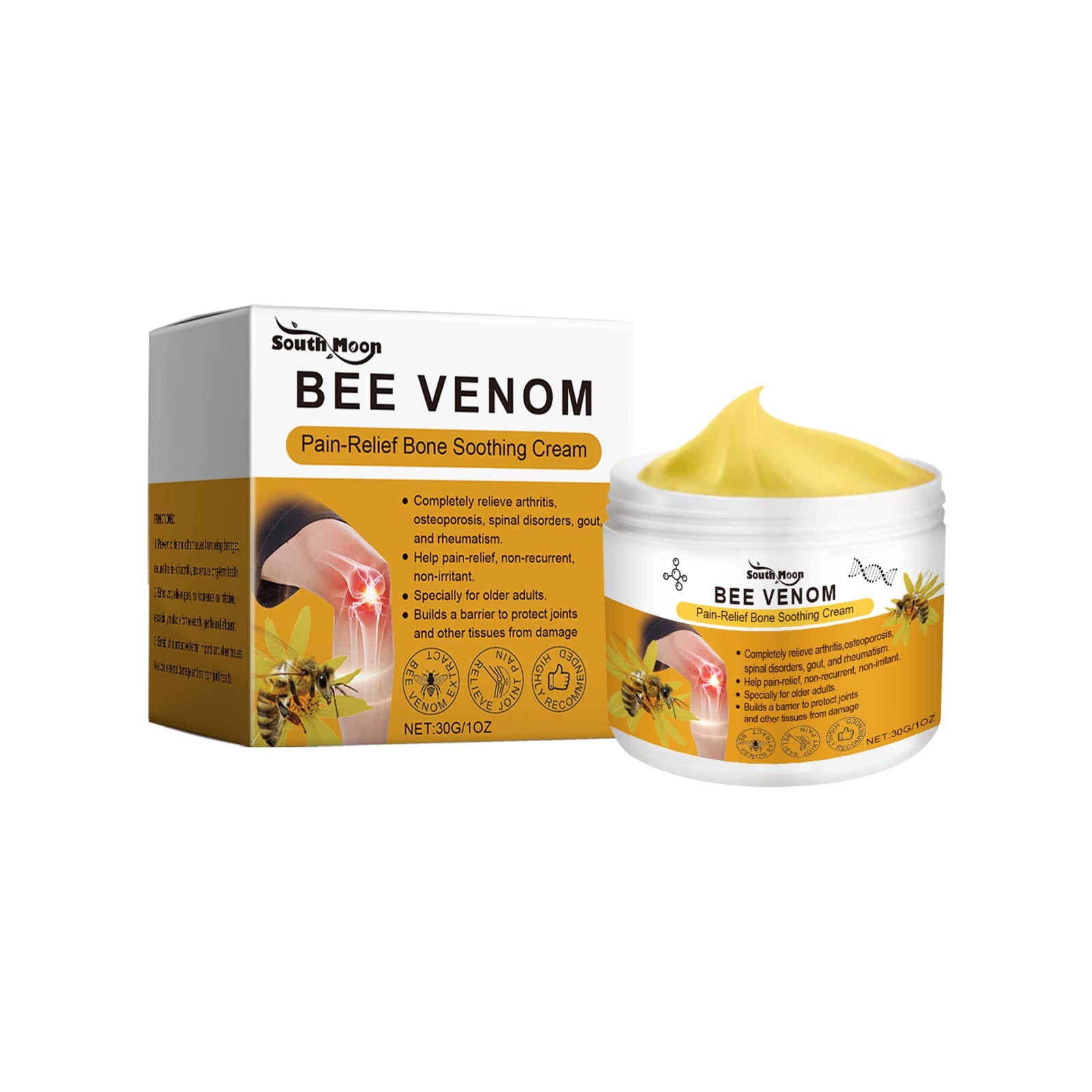 South Moon Bee Venom Pain-Relief Bone Soothing Cream with product box and jar showing golden cream with dome applicator