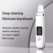 Ultrasonic skin cleaning device shown vertically with key benefits text overlay emphasizing deep cleaning and blackhead elimination