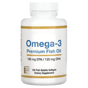 Omega-3 Premium Fish Oil bottle with 100 fish gelatin softgels, white plastic container with gold accent bands, detailed dosage and dietary information visible